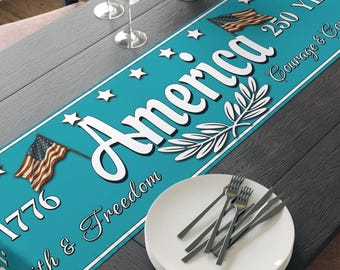 America 250 Anniversary Table Runner | Turquoise / White 250th Anniversary