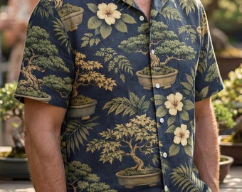 Bonsai- Hawaiian Style Button Up Shirt – Botanical Aloha Tropical Garden Print, Vintage Inspired Summer Shirt