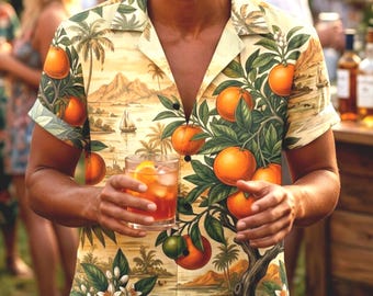 Tropical Oranges Button Up Shirt | Vintage Island Resort Shirt | Retro Vacation AOP Shirt | Men’s Tropical Camp Shirt