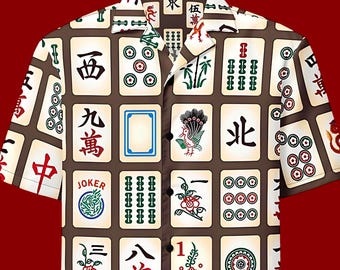 Mahjong Tile Hawaiian Shirt | Button Up Shirt | Mahjong Lover Gift | Espresso color background | Chinese Tile Pattern Shirt