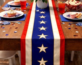 Patriotic Stars and Stripes Table Runner | 2 colors, Antique or Bright White,  Two lengths: 16"×72" and 16"×90", also matching Banners