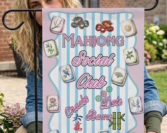 Mahjong Garden Banner, Game Night Decor, Double-Sided Print (12"x18"), Mahjong Social Club