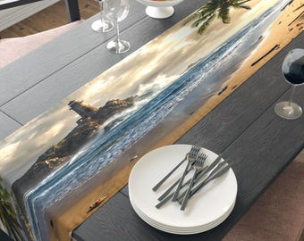 Beach Scene Table Runner | Coastal Dining Decor, Lighthouse Design