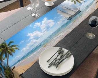Beach Scene Table Runner | Coastal Dining Decor, Sailboat Design