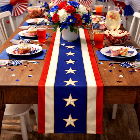 Patriotic Stars and Stripes Table Runner | 2 colors, Antique or Bright White, Two lengths: 16"×72" and 16"×90", also matching Banners