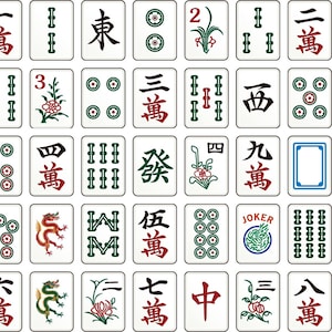以下が含まれることがあります： グリッド状に並べられた長方形の麻雀牌のコレクション。赤と黒の漢字、緑の竹模様、花のモチーフ、龍、そして円形のグラフィックと共にJOKERと書かれた牌など、様々なデザインが描かれています。