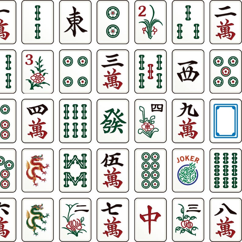 以下が含まれることがあります： グリッド状に並べられた長方形の麻雀牌のコレクション。赤と黒の漢字、緑の竹模様、花のモチーフ、龍、そして円形のグラフィックと共にJOKERと書かれた牌など、様々なデザインが描かれています。