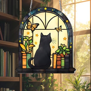 Black Cat Suncatcher: Acrylic Stained Glass Window Art