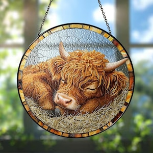 Highland Cow Suncatcher: Stained Glass Window Ornament, Farmhouse Decor