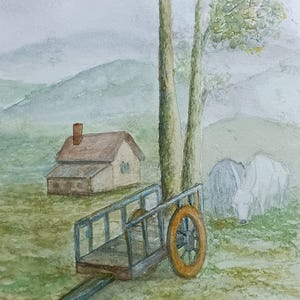 Village Scene | Farm Cart | Rustic Wall Art | Rural Landscape | House Landscape | Rural Farm Watercolor Painting | Countryside Painting
