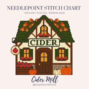 May include: A needlepoint stitch chart digital download featuring a pixelated cider mill building with a green roof, autumn leaves, a sign reading CIDER, a brown door, windows with flower boxes, a crate of red apples, and orange pumpkins.