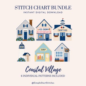 以下が含まれることがあります： STITCH CHART BUNDLEおよびCoastal Villageと題されたデジタルクロスステッチチャートバンドル。住宅、アイスクリームショップ、ヨットクラブ、灯台、サーフショップ、魚の看板がある店の6つのピクセルアートの建物が、青とベージュの色調で描かれています。