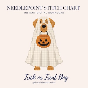 May include: A needlepoint stitch chart digital download featuring a pixelated dog wearing a white ghost costume and holding an orange jack-o'-lantern candy bucket. The text reads NEEDLEPOINT STITCH CHART, INSTANT DIGITAL DOWNLOAD, Trick or Treat Dog, @SimpleStartStitches.