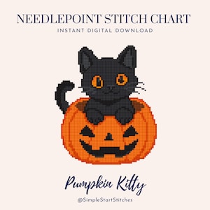 May include: A needlepoint stitch chart digital download featuring a pixelated black cat with orange eyes sitting inside a carved orange jack-o'-lantern pumpkin. The text reads NEEDLEPOINT STITCH CHART, INSTANT DIGITAL DOWNLOAD, Pumpkin Kitty, @SimpleStartStitches.