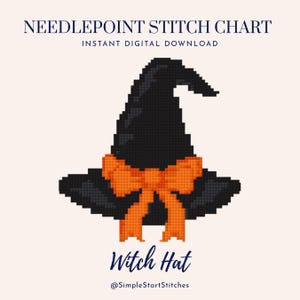 May include: A needlepoint stitch chart featuring a pixelated black witch hat adorned with a bright orange bow. The text reads NEEDLEPOINT STITCH CHART, INSTANT DIGITAL DOWNLOAD, Witch Hat, and @SimpleStartStitches in a clean, dark blue font.