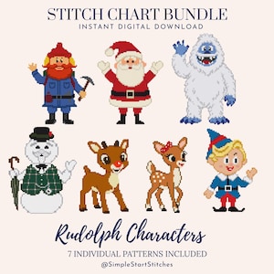 May include: A digital cross stitch chart bundle featuring seven holiday characters: a gnome, Santa Claus, a yeti, a snowman, two reindeer, and an elf. The text reads STITCH CHART BUNDLE, INSTANT DIGITAL DOWNLOAD, Rudolph Characters, 7 INDIVIDUAL PATTERNS INCLUDED, @SimpleStartStitches.