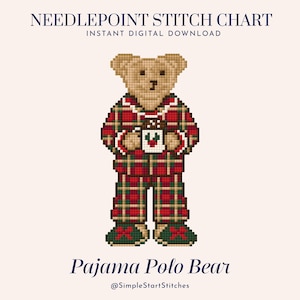 May include: Needlepoint stitch chart digital download featuring a tan bear wearing red and green plaid pajamas, holding a white mug with a holly berry design. Text reads: NEEDLEPOINT STITCH CHART, INSTANT DIGITAL DOWNLOAD, Pajama Polo Bear, @SimpleStartStitches.
