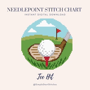 May include: A needlepoint stitch chart titled Tee Hit featuring a pixel art golf scene with a white golf ball on a red tee, a brown golf club, green grass, a red flag, and white clouds against a light blue sky, with the text SimpleStartStitches.