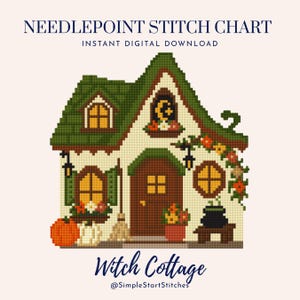 Może przedstawiać: Cyfrowy wzór do haftu krzyżykowego zatytułowany Witch Cottage od SimpleStartStitches. Projekt przedstawia pikselowy domek z zielonym dachem, brązowymi drzwiami, świecącymi żółtymi oknami, półksiężycem, dyniami i czarnym kociołkiem.