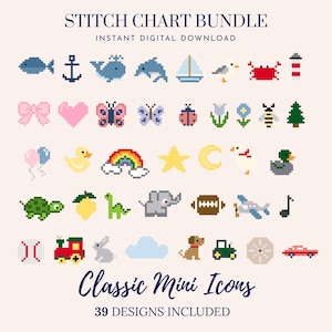 May include: A digital stitch chart bundle featuring 39 pixel art icons including a fish, anchor, whale, dolphin, sailboat, seagull, crab, lighthouse, bow, heart, butterflies, ladybug, flowers, bee, tree, balloons, duck, rainbow, star, moon, and various animals.