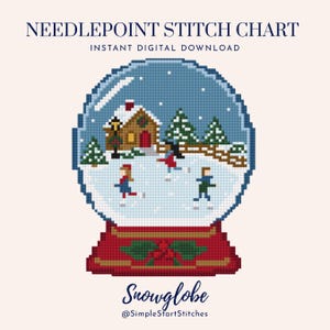 Può includere: Uno schema per needlepoint intitolato NEEDLEPOINT STITCH CHART INSTANT DIGITAL DOWNLOAD con un design pixelato di una palla di neve che mostra una scena invernale con una casa, alberi e persone che pattinano. La base è rossa con agrifoglio.