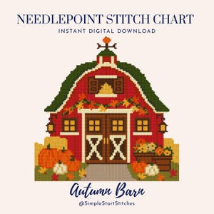 Puede incluir: Un patrón de punto de aguja digital titulado Autumn Barn de SimpleStartStitches. El gráfico muestra un granero rojo con techo verde, una veleta, hojas de otoño, calabazas y flores en macetas en un estilo pixelado y cuadriculado.