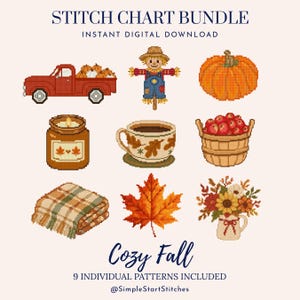Könnte beinhalten: Ein digitales Kreuzstich-Musterpaket mit dem Titel STITCH CHART BUNDLE und Cozy Fall. Es enthält neun herbstliche Motive: einen roten Lastwagen mit Kürbissen, eine Vogelscheuche, einen Kürbis, eine Kerze, eine Kaffeetasse, einen Korb mit Äpfeln, eine karierte Decke, ein Blatt und eine Blumenvase.