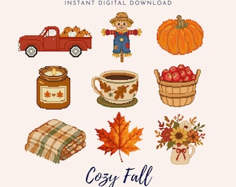 May include: A digital cross stitch chart bundle titled STITCH CHART BUNDLE and Cozy Fall. It features nine autumn-themed patterns: a red truck with pumpkins, a scarecrow, a pumpkin, a candle, a coffee cup, a basket of apples, a plaid blanket, a leaf, and a floral vase.