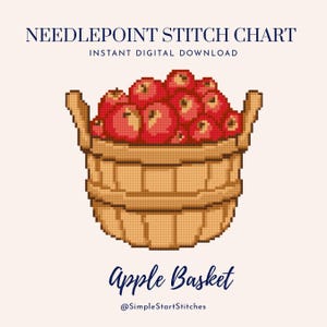 Puede incluir: Un patrón de punto de aguja en descarga digital con una ilustración pixelada de una cesta de madera color canela llena de manzanas rojas. El texto dice NEEDLEPOINT STITCH CHART, INSTANT DIGITAL DOWNLOAD, Apple Basket y @SimpleStartStitches.