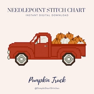 May include: A needlepoint stitch chart featuring a pixelated red pickup truck carrying orange pumpkins in its bed. The text reads NEEDLEPOINT STITCH CHART, INSTANT DIGITAL DOWNLOAD, Pumpkin Truck, and @SimpleStartStitches on a light background.