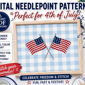 May include: A digital needlepoint pattern featuring two crossed American flags against a light blue and white gingham background, presented in a wooden frame with text overlays including Digital Needlepoint Pattern and Instant PDF Download.