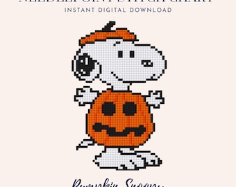May include: A needlepoint stitch chart featuring a pixelated illustration of a white dog wearing an orange pumpkin costume and an orange beret. The text reads NEEDLEPOINT STITCH CHART, INSTANT DIGITAL DOWNLOAD, Pumpkin Snoopy, and @SimpleStartStitches.