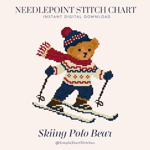May include: A needlepoint stitch chart featuring a brown bear skiing, wearing a navy blue beanie with a red pom-pom, a red scarf, a white patterned sweater, navy blue pants, and brown boots. Text reads: NEEDLEPOINT STITCH CHART, Skiing Polo Bear, @SimpleStartStitches.