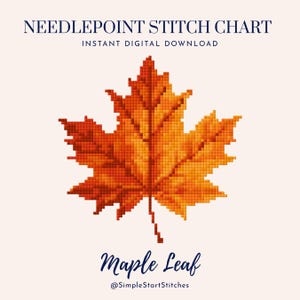 Könnte beinhalten: Eine Stickvorlage für Needlepoint mit einem verpixelten Ahornblatt in Orange-, Rot- und Gelbtönen. Der Text lautet NEEDLEPOINT STITCH CHART, INSTANT DIGITAL DOWNLOAD, Maple Leaf und @SimpleStartStitches auf einem hellen cremefarbenen Hintergrund.