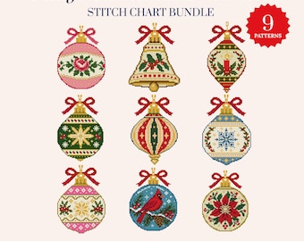May include: A digital stitch chart bundle titled Vintage Christmas Ornaments featuring 9 patterns of holiday baubles. Each ornament is illustrated with cross-stitch designs including a cardinal, poinsettia, bell, and snowflakes with red bows.