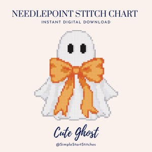 May include: A needlepoint stitch chart featuring a pixelated white ghost with two black eyes and a large orange bow tied around its neck. The text reads NEEDLEPOINT STITCH CHART, INSTANT DIGITAL DOWNLOAD, Cute Ghost, and @SimpleStartStitches.