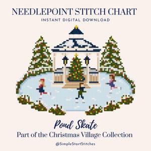 May include: A needlepoint stitch chart titled NEEDLEPOINT STITCH CHART and Pond Skate. The design features a pixelated gazebo with a Christmas tree, two snow-covered pine trees, and three figures ice skating on a blue pond with snowy borders.