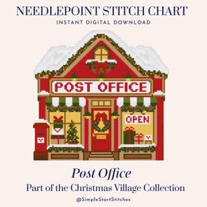 May include: A needlepoint stitch chart featuring a red post office building with snow on the roof, green garlands, a Christmas tree, and gift boxes in the windows. The text reads NEEDLEPOINT STITCH CHART, POST OFFICE, and OPEN.