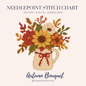 Może przedstawiać: Wzór do haftu zatytułowany NEEDLEPOINT STITCH CHART i Autumn Bouquet przedstawiający pikselową kompozycję kwiatową ze słonecznikiem, pomarańczowymi i czerwonymi kwiatami oraz zielonymi liśćmi w kremowym dzbanku z czerwoną kokardą.
