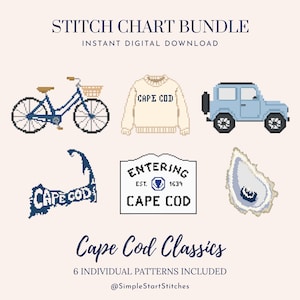 Könnte beinhalten: Ein digitales Stickmuster-Set mit dem Titel STITCH CHART BUNDLE und Cape Cod Classics. Es enthält sechs Pixel-Art-Muster: ein blaues Fahrrad, einen cremefarbenen Pullover mit CAPE COD-Schriftzug, einen hellblauen SUV, eine Karte von Cape Cod, ein Schild und eine Auster.