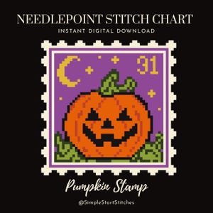 Peut inclure: Un modèle de point de canevas numérique représentant un dessin en pixel art d'une citrouille d'Halloween sur fond violet avec un croissant de lune jaune, des étoiles et le nombre 31, encadré par une bordure de timbre-poste blanc.