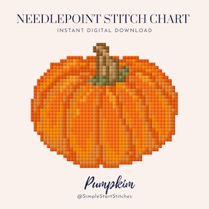 Puede incluir: Un gráfico de punto de aguja que muestra una calabaza naranja pixelada con un tallo marrón y hojas verdes. El texto dice NEEDLEPOINT STITCH CHART, INSTANT DIGITAL DOWNLOAD, Pumpkin y @SimpleStartStitches en azul oscuro sobre fondo claro.