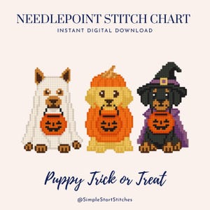 Puede incluir: Un gráfico de punto de aguja titulado NEEDLEPOINT STITCH CHART INSTANT DIGITAL DOWNLOAD y Puppy Trick or Treat de @SimpleStartStitches con tres cachorros pixelados en disfraces de Halloween sosteniendo cubos de calabaza.