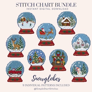 May include: A digital cross stitch chart bundle titled STITCH CHART BUNDLE and Snowglobes, featuring 9 individual patterns of snow globes with winter scenes including a cabin, Santa, a deer, a fireplace, a truck, and a snowman on a light background.