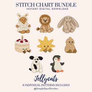 Può includere: Un pacchetto di schemi digitali a punto croce intitolato STITCH CHART BUNDLE Jellycats 8 INDIVIDUAL PATTERNS INCLUDED @SimpleStartStitches. L'immagine mostra otto disegni pixelati tra cui un orso in accappatoio, leone, coniglio, torta, sole, peluche, cane e pinguino.