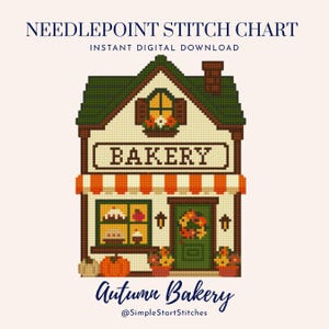 Puede incluir: Un patrón de punto de cruz digital que muestra una panadería en pixel art con techo verde, toldo de rayas naranjas y decoración otoñal. El texto dice NEEDLEPOINT STITCH CHART, BAKERY, Autumn Bakery y @SimpleStartStitches.
