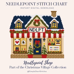 Könnte beinhalten: Eine digitale Stickvorlage für Needlepoint mit einem verpixelten Ladenlokal, blauem Dach, rot-weiß gestreifter Markise und weihnachtlicher Dekoration. Der Text lautet NEEDLEPOINT STITCH CHART, NDLPT und Need