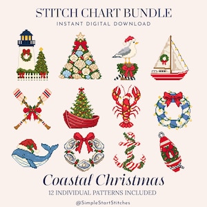 May include: A digital cross-stitch pattern collection titled STITCH CHART BUNDLE Coastal Christmas. It features 12 pixel art designs including a lighthouse, seashell tree, seagull, sailboat, oars, boat with tree, lobster, life ring, whale, oyster wreath, anchor, and buoy.