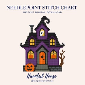 Puede incluir: Un patrón de punto de aguja en descarga digital que muestra una casa encantada morada con techo negro, puerta naranja, ventanas amarillas brillantes, una calabaza y un árbol desnudo. Texto: NEEDLEPOINT STITCH CHART, INSTANT DIGITAL DOWNLOAD, Haunted House, @SimpleStartStitches.