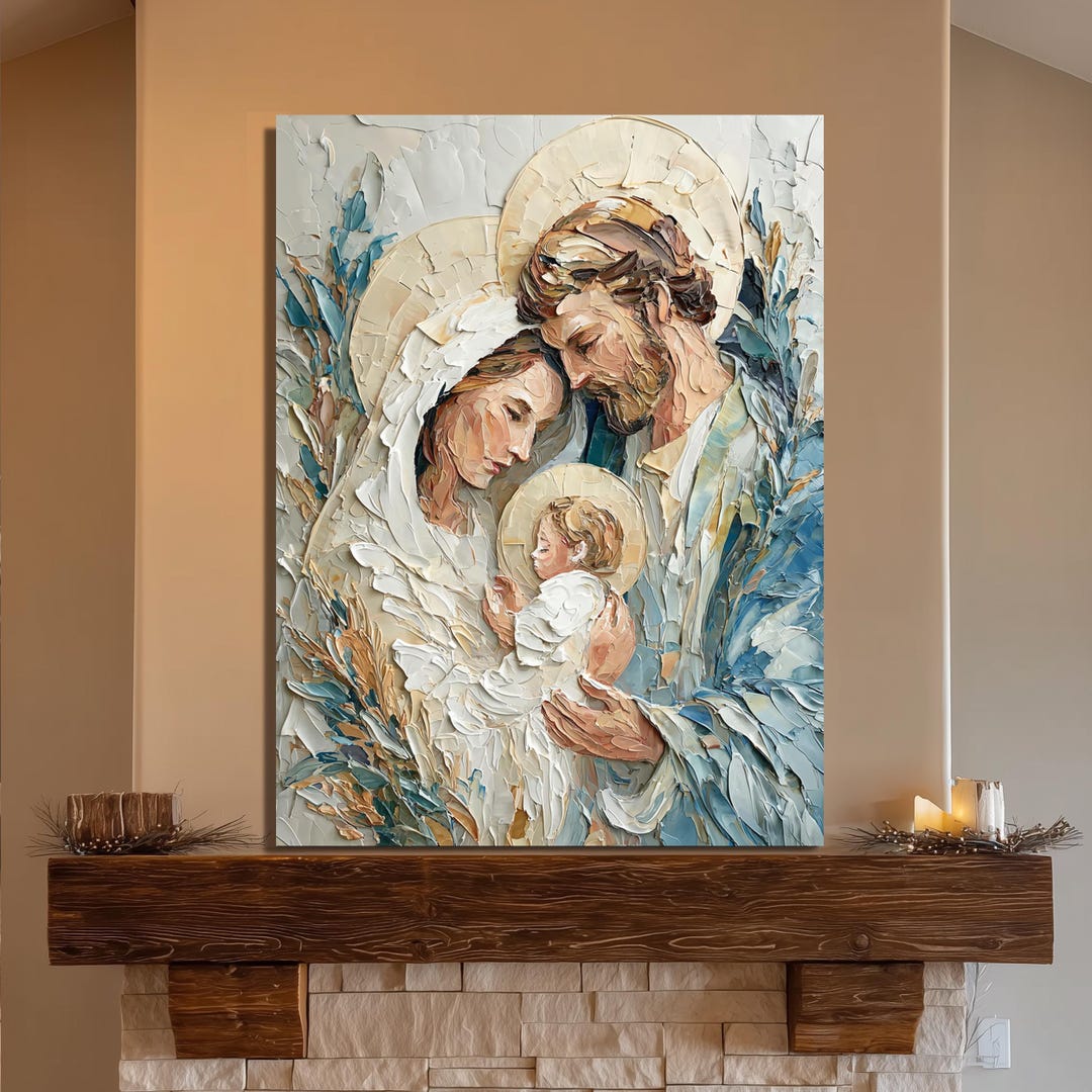 Holy Family Canvas Wall Art – Jesus Mary Joseph Impasto Painting ...